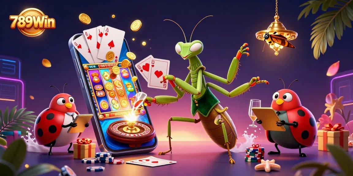 Experience winning at 789Win with a vibrant 3D casino illustration showcasing dynamic game elements and lively characters.