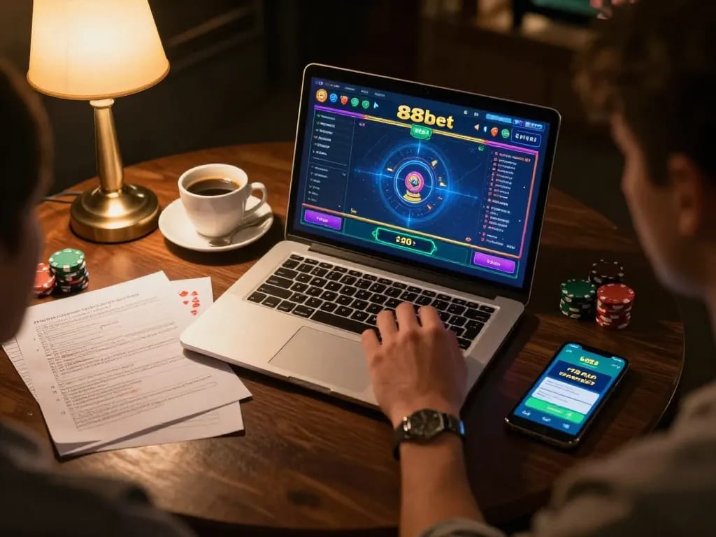 Engaging in an online poker game at home with the 88bet app open