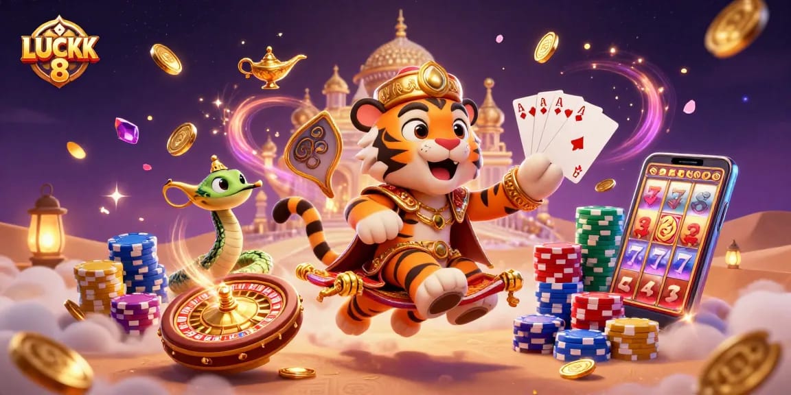 Get ready for LUCK 8 with a vibrant 3D casino scene filled with golden treasures and magical elements.
