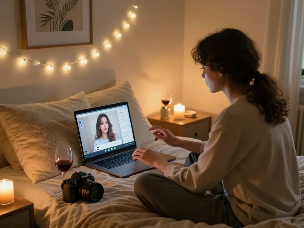 Engaging ai porn chat scene with relaxed user in cozy bedroom setting.