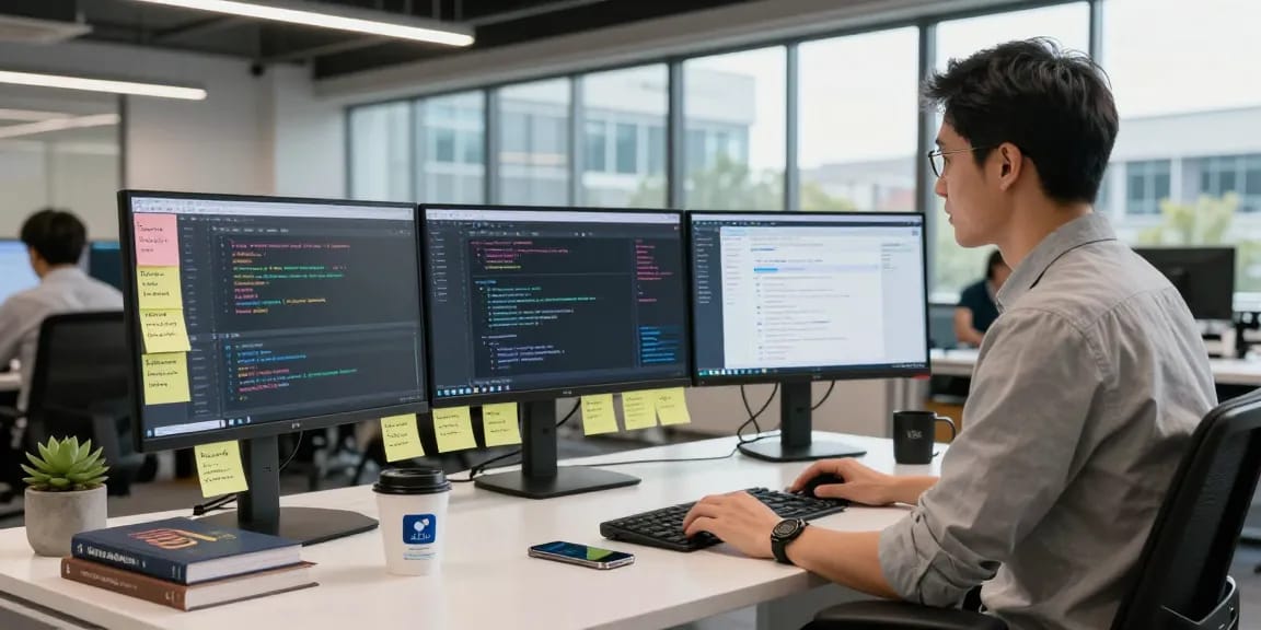 Developer building internal tools with AI in a modern workspace, showcasing workflow and productivity.