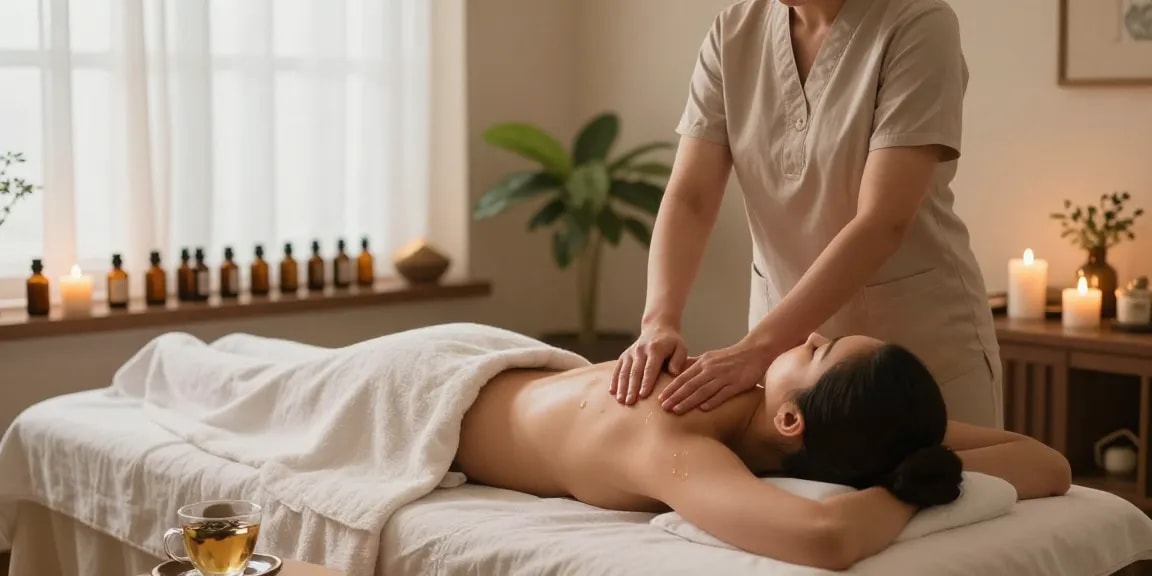 의정부출장마사지 session in a tranquil spa room with soothing elements.
