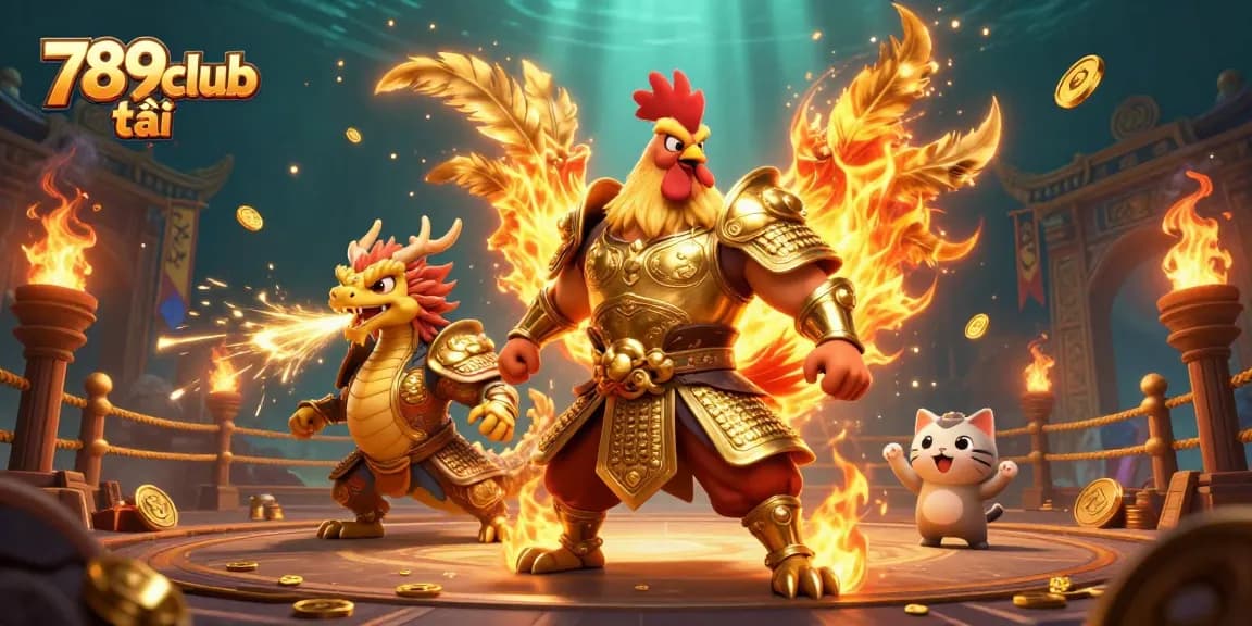Engaging 789club tải 3D illustration showcasing a fierce rooster warrior, dragon hatchling, and fortune cat in action.