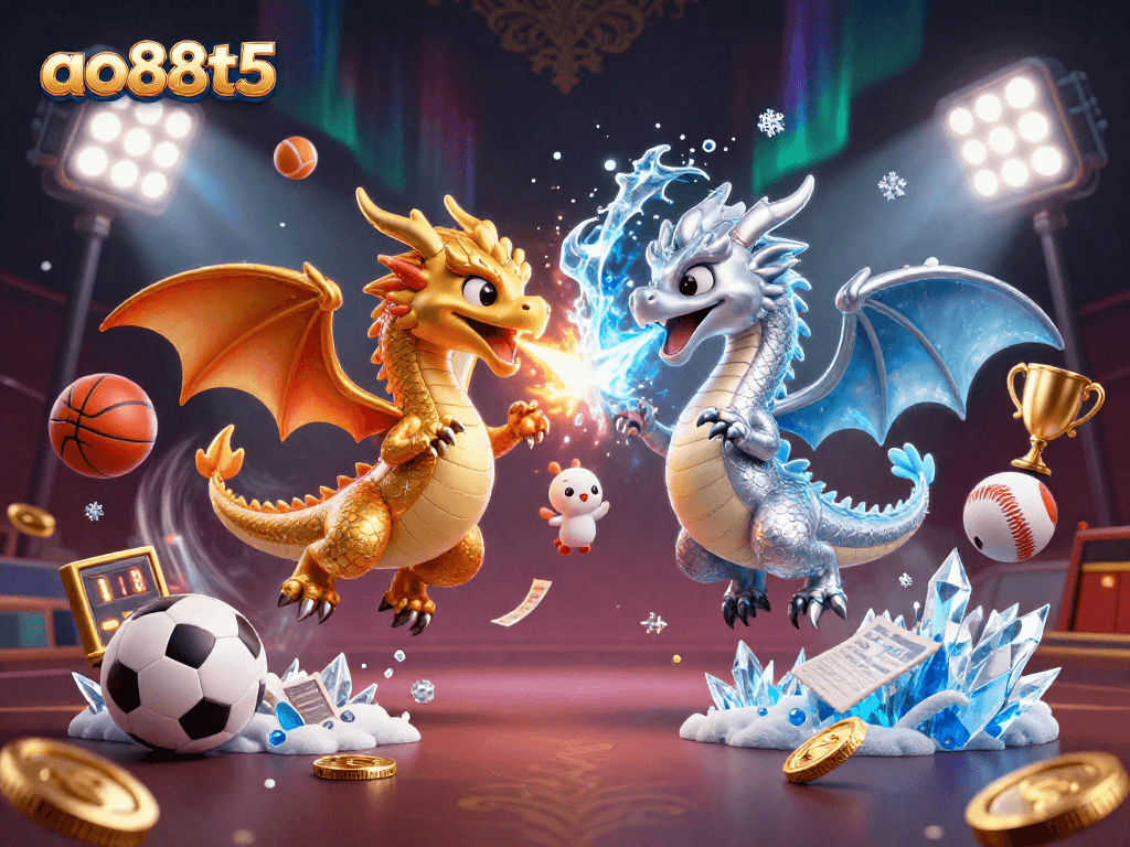 Experience luxurious gaming with ao88t5 as dragons battle fire and ice in a vibrant casino scene.