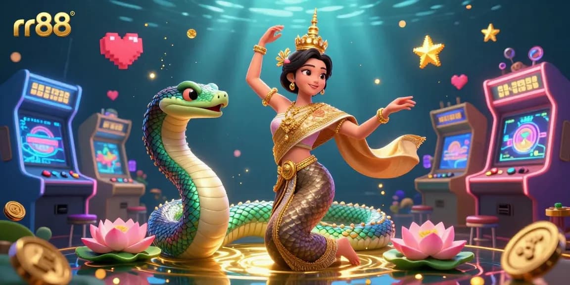 Experience thrilling gaming at rr88 with a vibrant depiction of a dancing Thai woman, Naga serpent, and exciting arcade elements.
