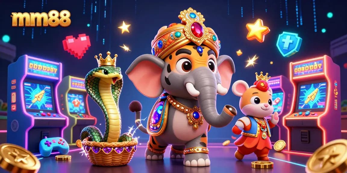 Join the thrilling mm88 experience with vibrant arcade games and a majestic maharaja scene.