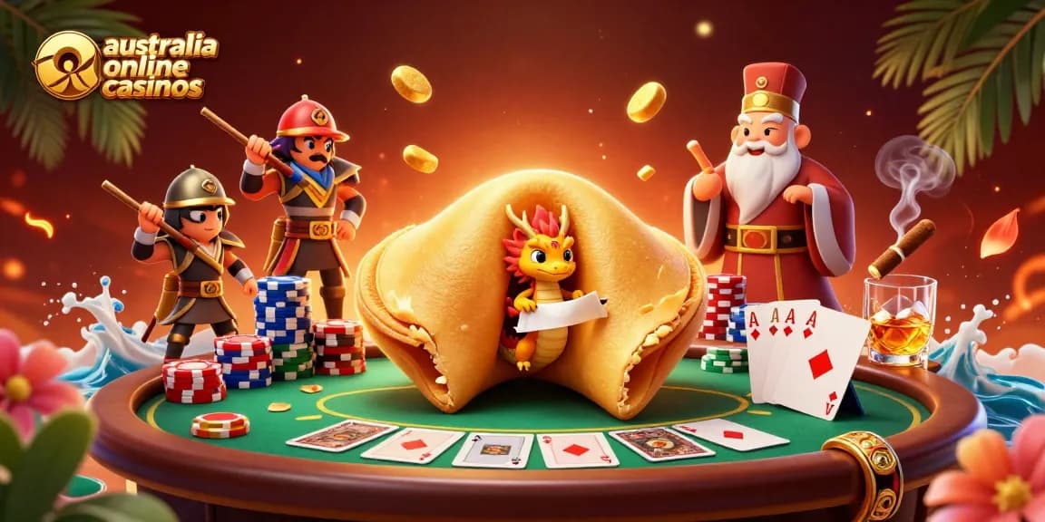 Engage with the vibrant world of australia online casinos, showcasing a detailed fantasy scene of fortune cookies and poker elements.