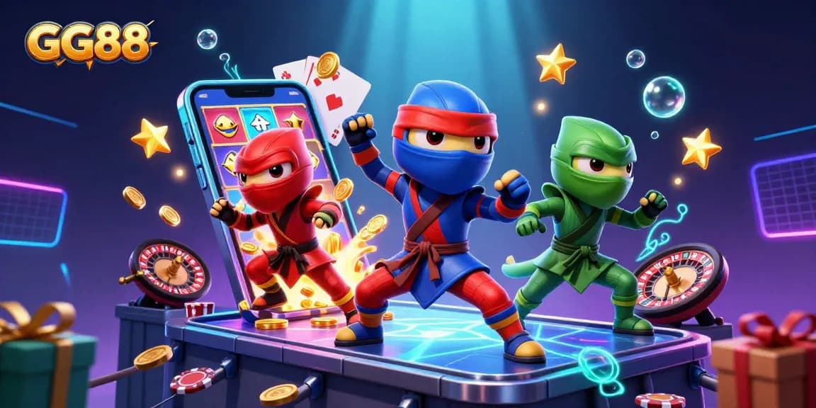 Experience the excitement at GG88 with ninja chameleons showcasing epic slot game action and vibrant casino elements.