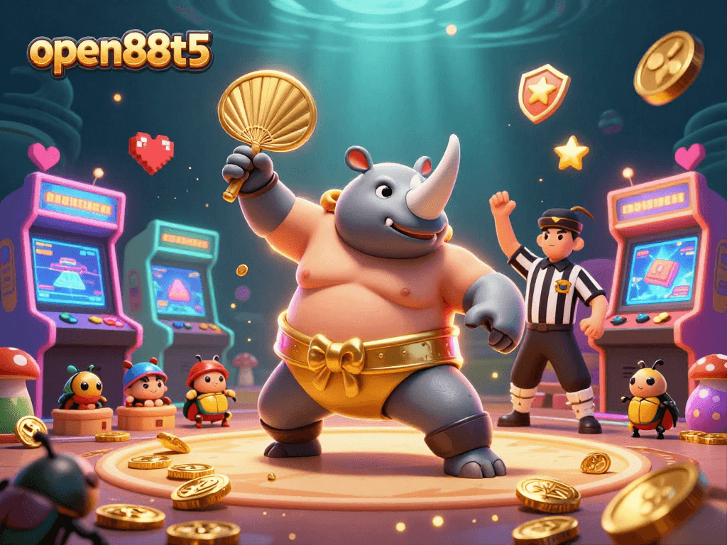 Join the fun with open88t5 as a rhinoceros beetle champion stomps gold coins in a vibrant casino scene.