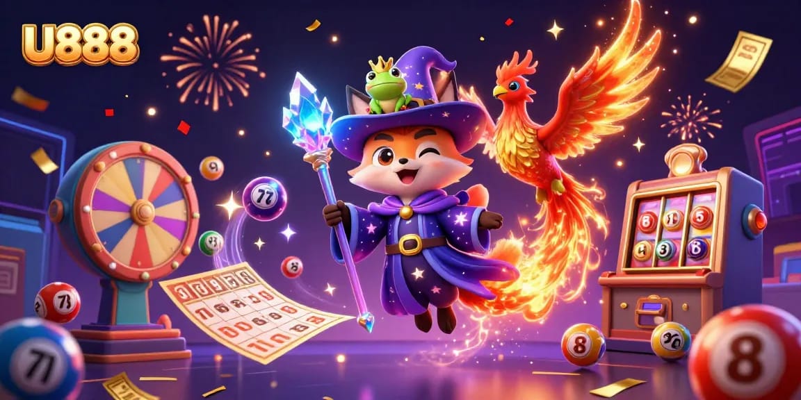 U888's vibrant casino scene showcases playful lottery elements amidst enchanting characters.