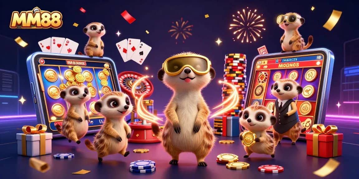Experience the excitement of MM88 with playful meerkats in an elaborate casino scene filled with games and fun.