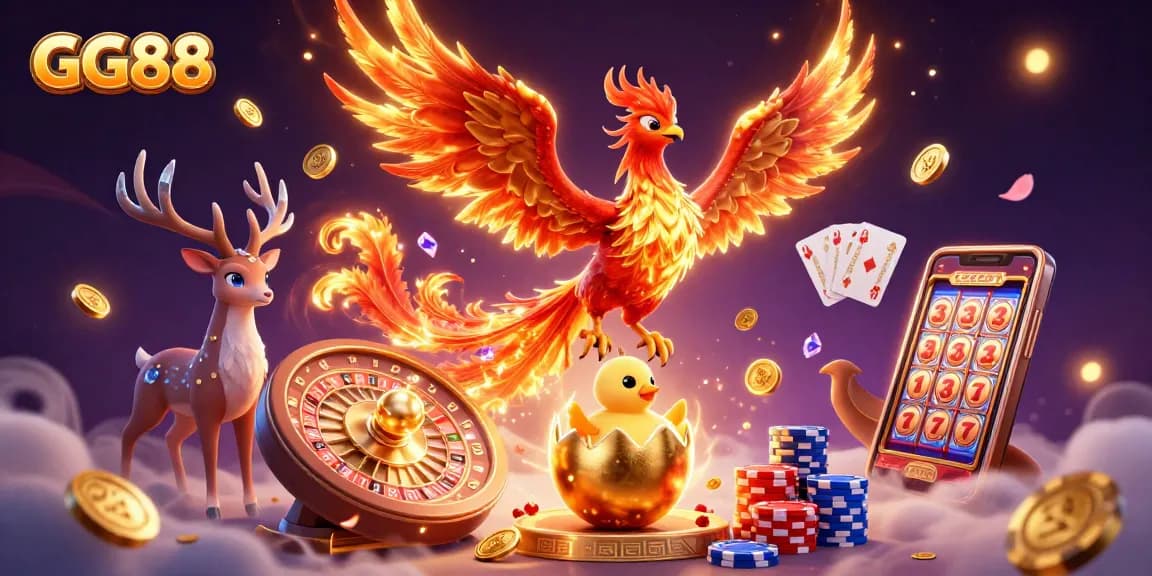 Engage with GG88's thrilling gaming experience featuring vibrant casino elements and a majestic phoenix.