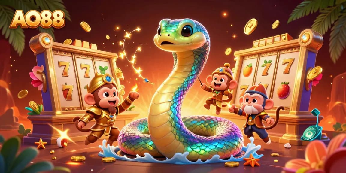 Engage with AO88's vibrant slot adventure featuring a rainbow serpent and golden monkey king
