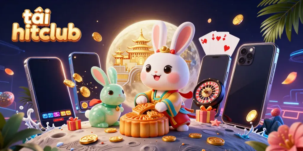 Engage with thrilling casino experiences as you tải hitclub, featuring the moon rabbit and poker chips in a vivid 3D scene.