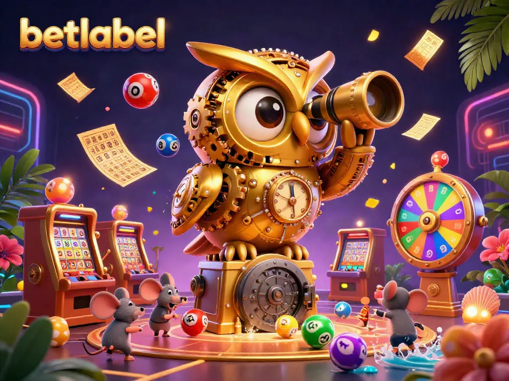 Experience exciting casino action with betlabel's vibrant 3D scene featuring an owl and slot machines.
