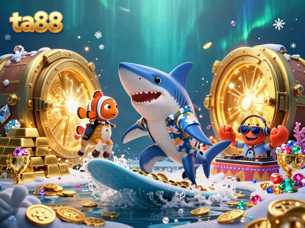 Experience gaming thrills at ta88 with vibrant characters and festive elements in a rich casino setting.