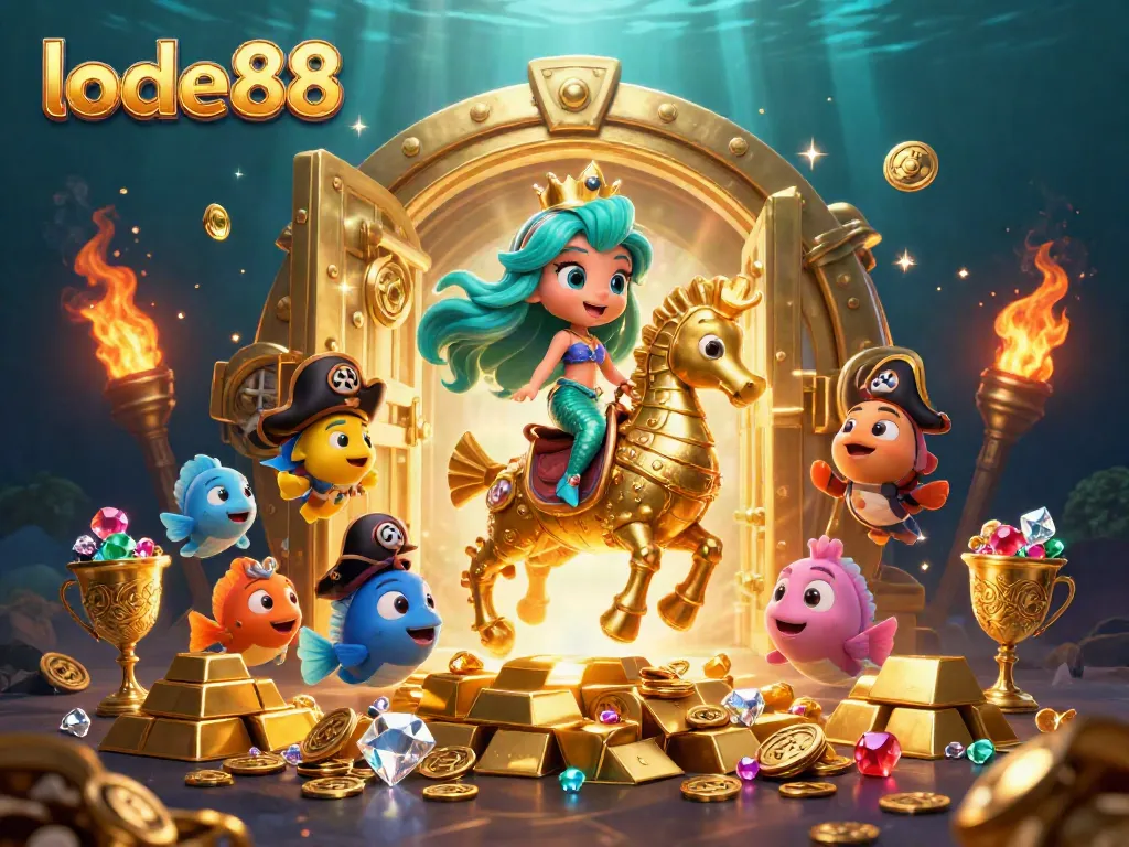 Experience intense excitement with lode88 as a colorful mermaid princess rides a seahorse in a treasure-filled underwater scene.