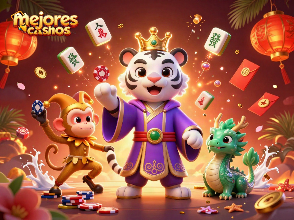 Visualiza los mejores casinos con un tigre blanco y un dragón de jade en un entorno de juego vibrante.