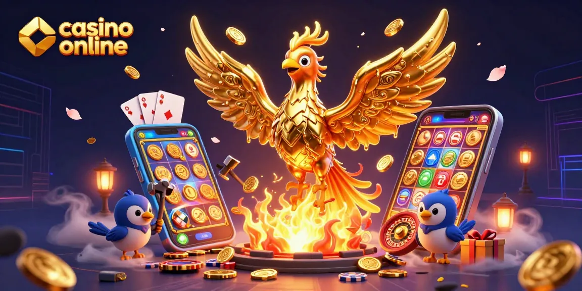 Disfruta del casino online con un fénix dorado y elementos de juego esparcidos.