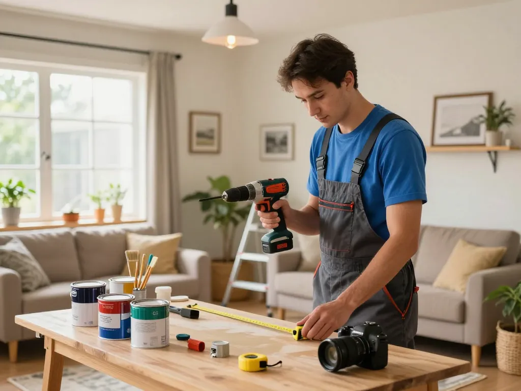 Servicios para el hogar con un manitas realizando reparaciones en un acogedor salón, mostrando herramientas y una atmósfera cálida.