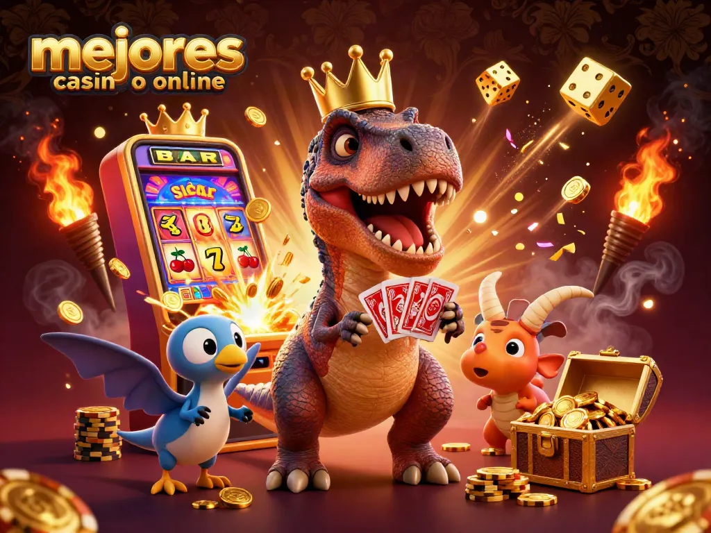 Interacción divertida con el T-Rex en los mejores casinos online, eligiendo cartas y apilando fichas doradas.