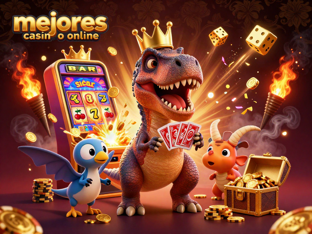Interacción divertida con el T-Rex en los mejores casinos online, eligiendo cartas y apilando fichas doradas.