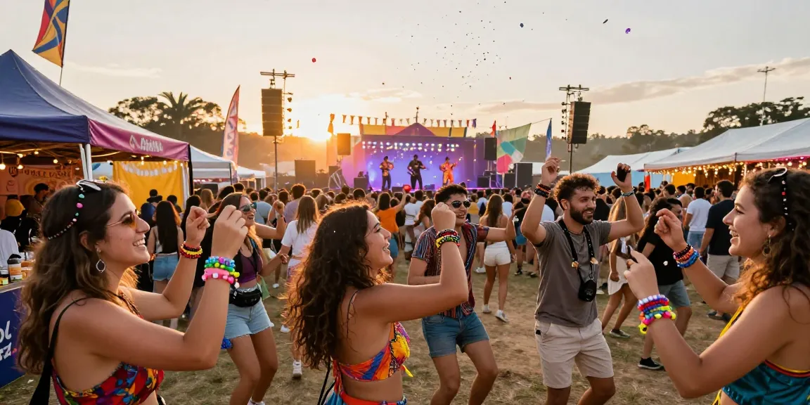 The lively crowd at a festival shows friends wearing pulsera monedero festival for seamless access and payments.