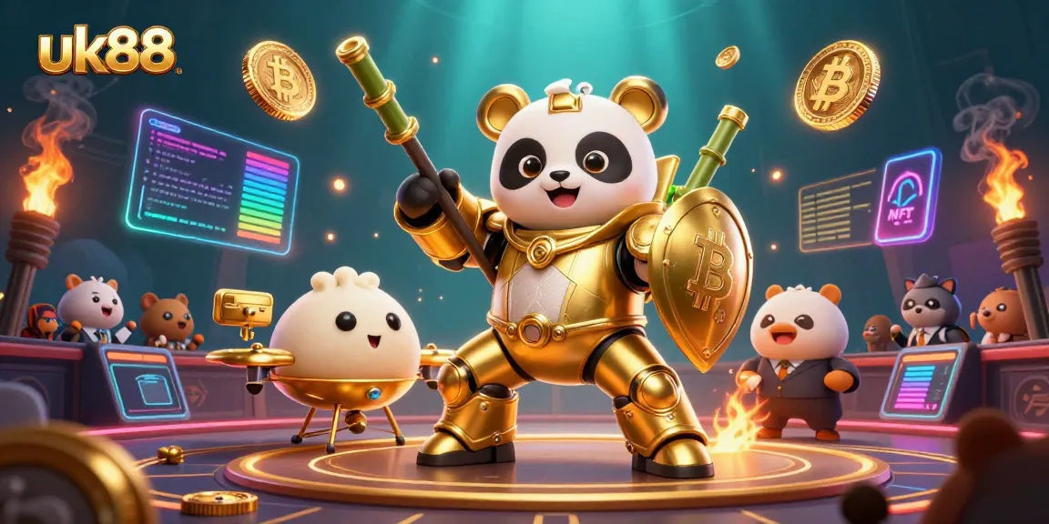 Engage with uk88 through an exciting 3D illustration of a mech-suit panda in a vibrant casino arena.