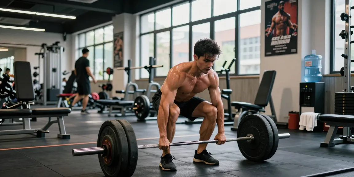 Entrenador levantando pesas en Esteroidesshop, mostrando esfuerzo y dedicación en el gimnasio moderno