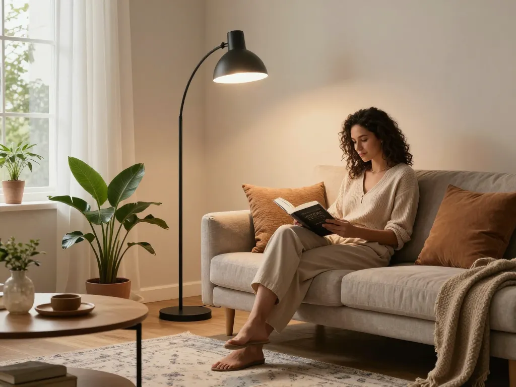 Lámparas de piso modernas y elegantes que mejoran la atmósfera acogedora de la sala de estar con luz cálida.