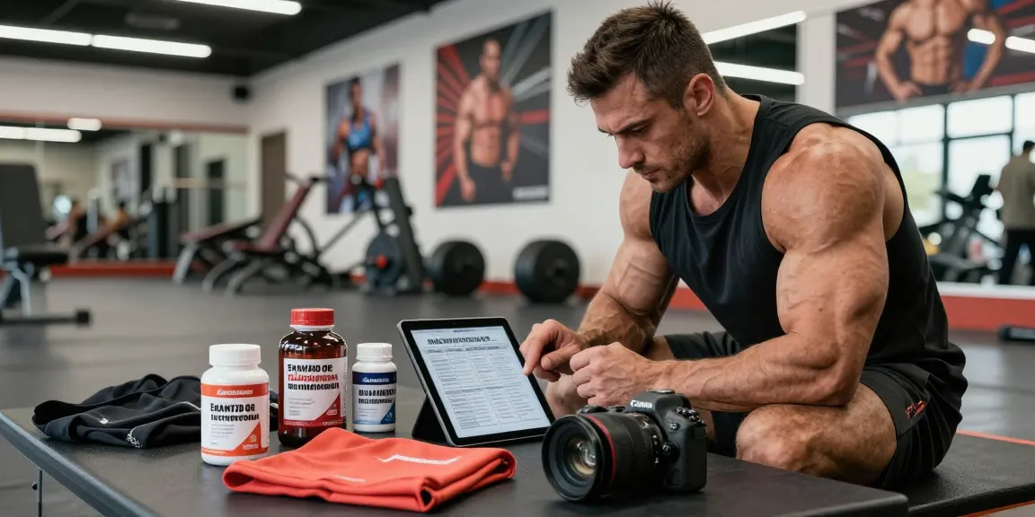 Culturista revisando plan de entrenamiento con productos de Esteroidesshop en un moderno estudio de fitness, enfocado en el crecimiento muscular.