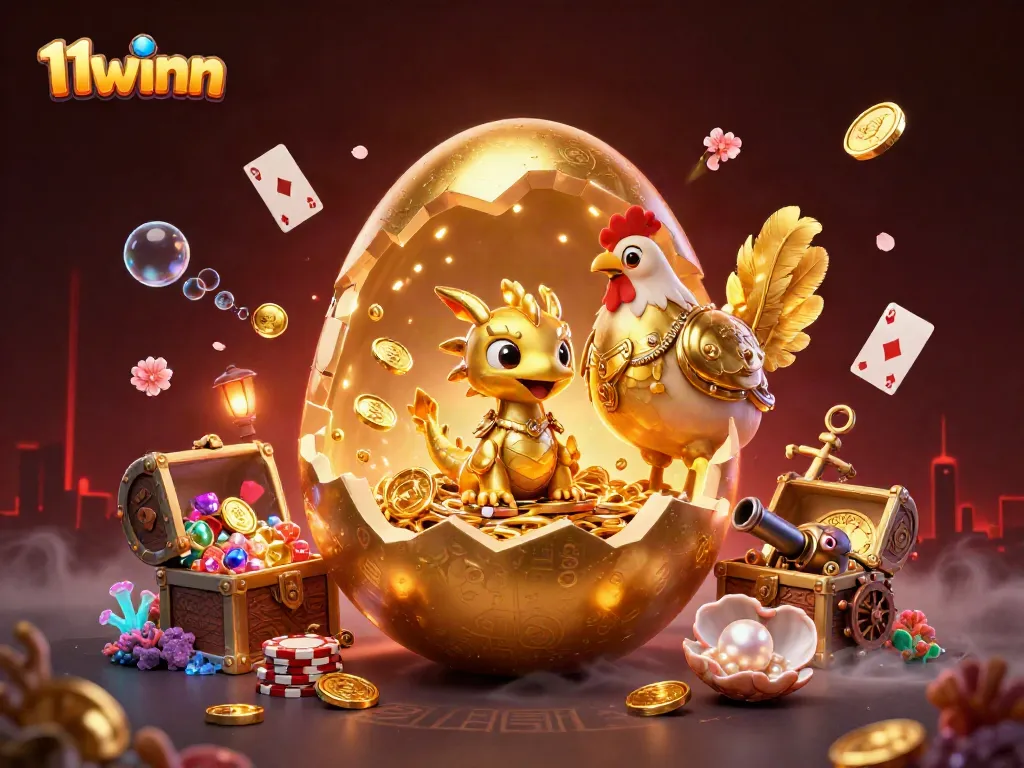 Engage with 11winn as the golden dragon emerges from the egg, surrounded by casino treasures and vibrant elements.