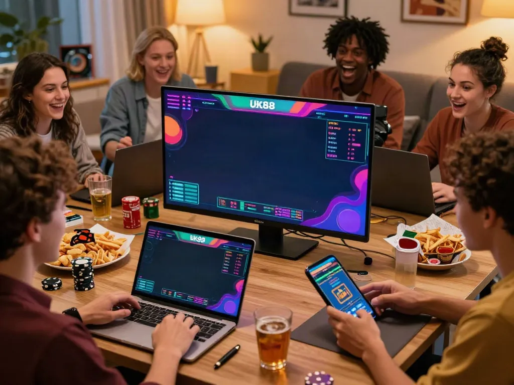 Friends enjoying online betting on UK88 with live sports events and vibrant atmosphere.