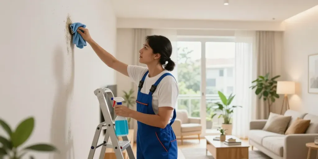 limpieza de moho en Barcelona en un apartamento moderno, profesional limpiando paredes con productos ecológicos