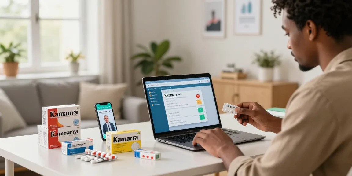 Buying Kamagra España online in a modern pharmacy setting with medication displayed.