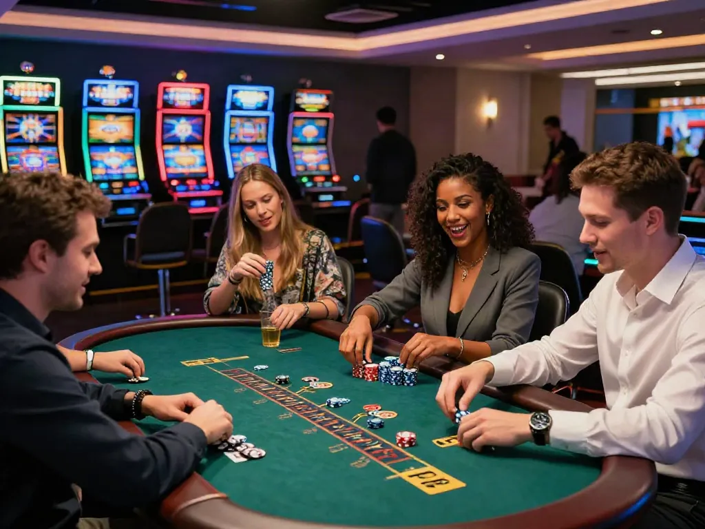 ku88 casino atmosphere with players enjoying live dealer games and slot machines