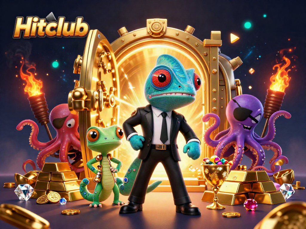Experience the thrill of Hitclub with a vibrant 3D illustration featuring a chameleon, gecko, and octopus in a dynamic casino scene.