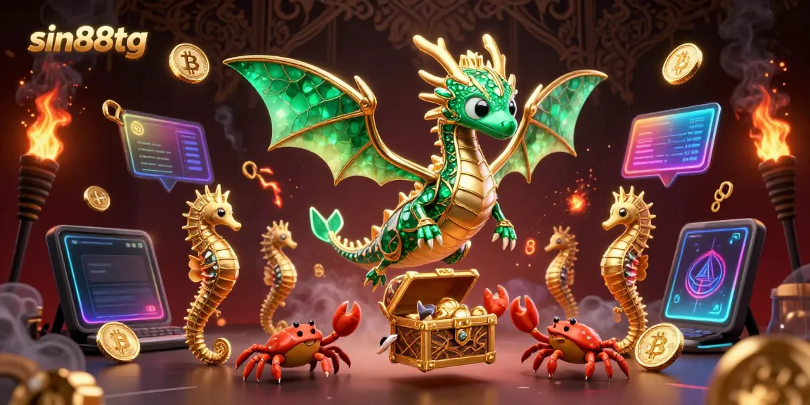 Engage with sin88tg's dynamic 3D illustration of a royal sea dragon and treasure chest amidst floating Bitcoin and Ethereum coins.