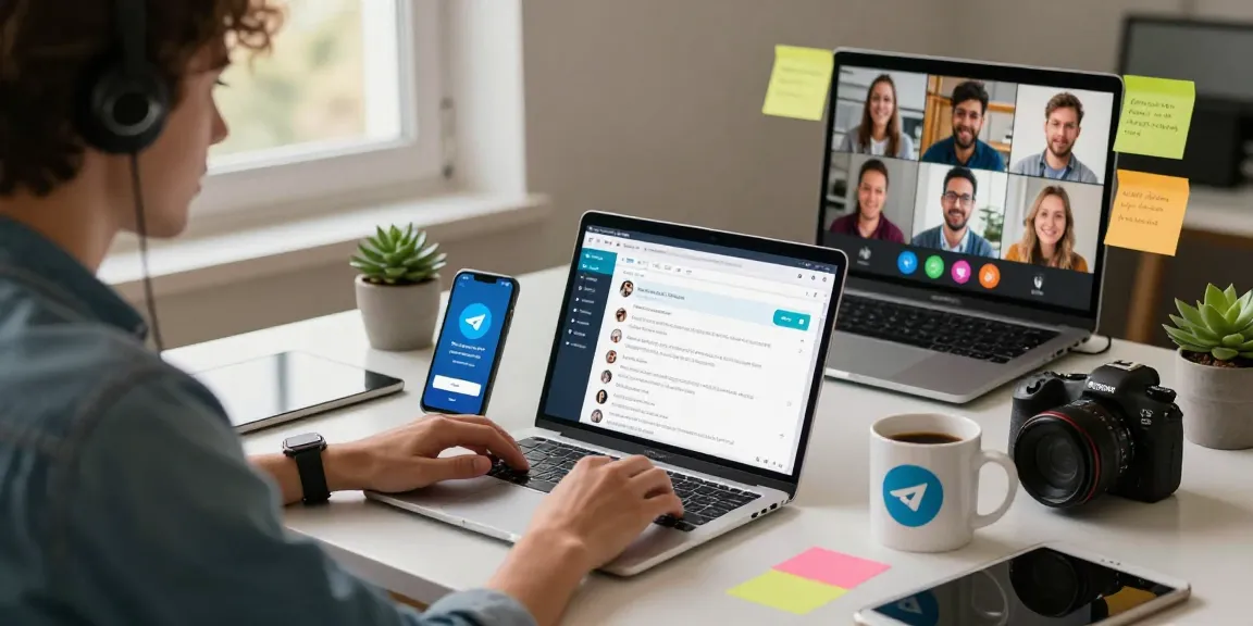 Person using Telegram Web in a modern workspace with open laptops, coffee, and vibrant decor.