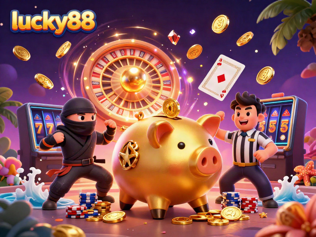 Experience winning with lucky88 in a vibrant casino scene featuring a golden piggy bank, ninja, and exciting gameplay elements.