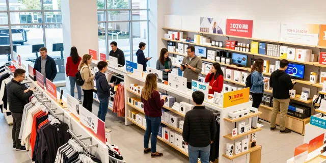 Engaged shoppers exploring diverse Productos in a vibrant retail store.