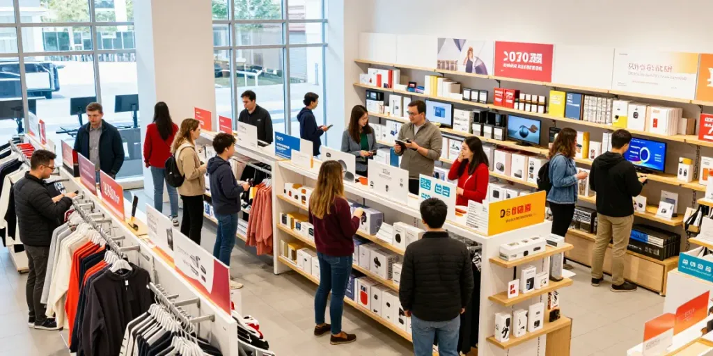 Engaged shoppers exploring diverse Productos in a vibrant retail store.
