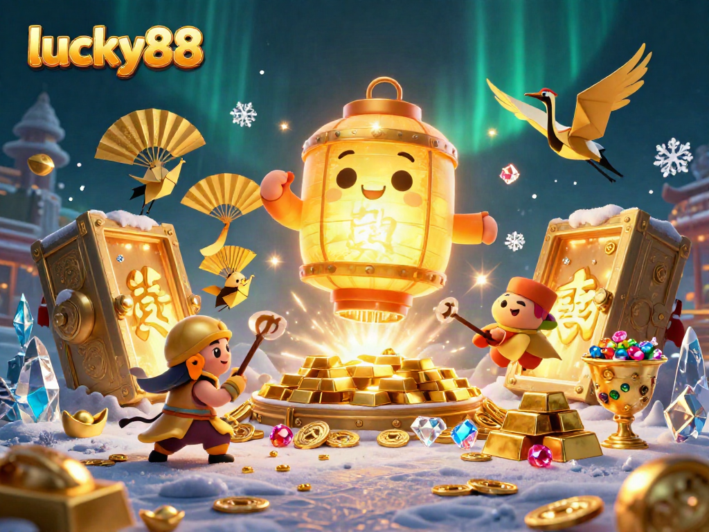 Experience thrilling wins at lucky88 with a vibrant 3D illustration showcasing a bustling casino environment filled with treasures.