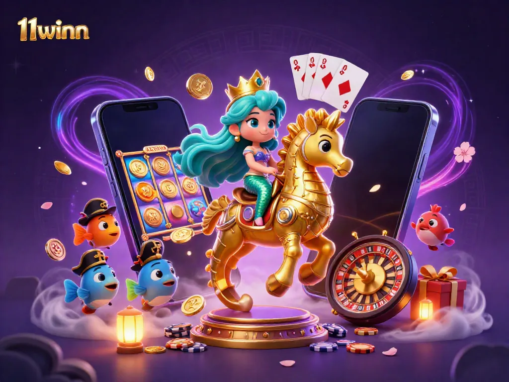 Experience the charm of 11winn with a magical scene featuring a mermaid princess and seahorse in a vibrant casino setting.