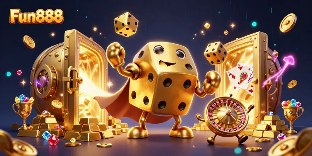 Engage with Fun888 through this captivating casino scene featuring dynamic dice and vibrant game elements.