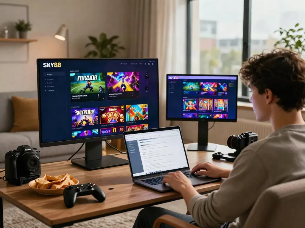 User engaging with SKY88 gaming platform on smartphone, enjoying an inviting living room atmosphere.