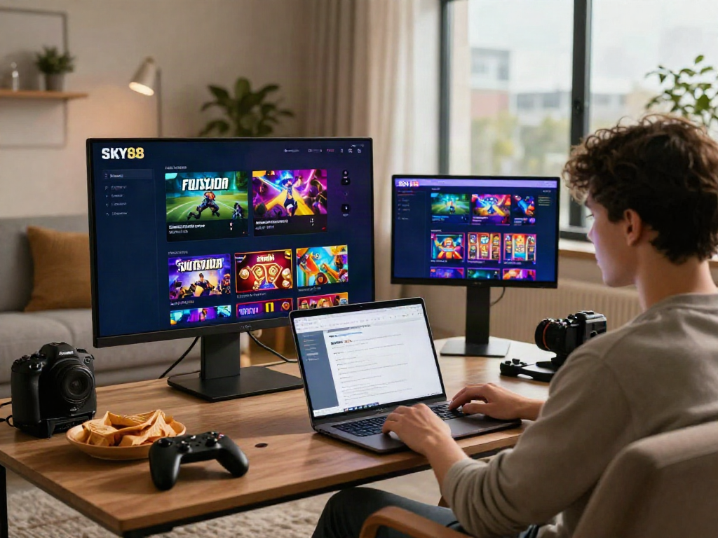 User engaging with SKY88 gaming platform on smartphone, enjoying an inviting living room atmosphere.