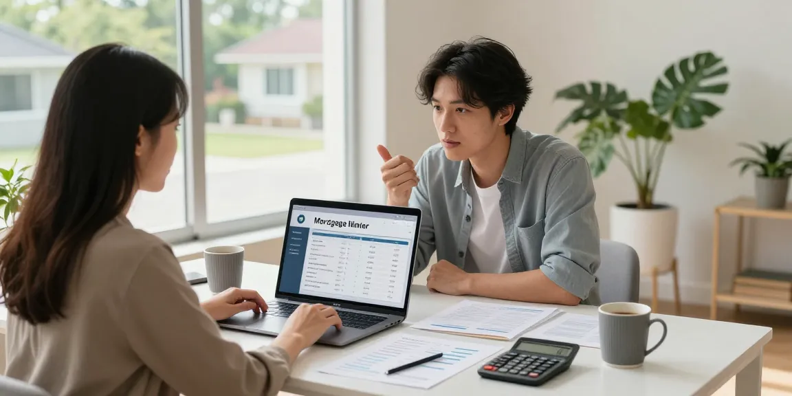 Couple using buscador hipotecas to find best mortgage options at home office.