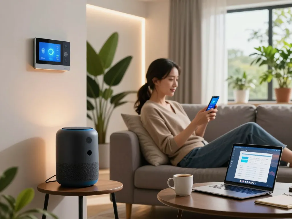 Discover innovative tech gadgets for home in a modern living space featuring smart speaker and lighting.
