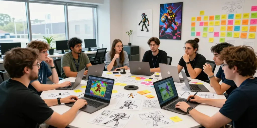 Creative team collaboration in gaming design at GGSoft, showcasing innovation and brainstorming.